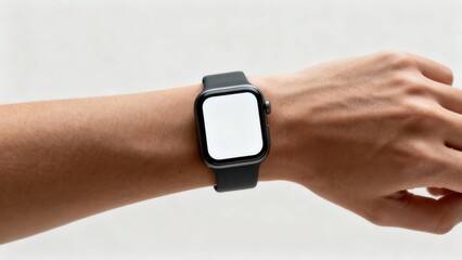view of a dark digital wristwatch displaying a blank white screen mockup on a human arm.