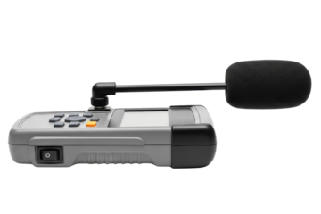 Portable grey handheld sound level meter device with black microphone on a transparent background