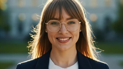 Close-up portrait of a young smiling professional executive woman wearing glasses with beautiful golden backlight, concept for career motivation, corporate recruitment and financial advising campaigns