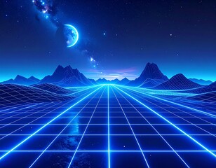 Glowing blue grid landscape under a moonlit night sky