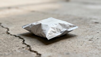 Crumpled silver aluminum foil packet lying on rough gray concrete surface featuring a deep crack.