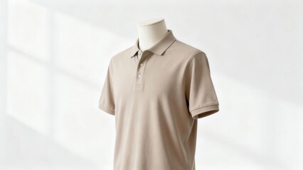 Khaki colored short sleeve collared polo shirt displayed prominently on a headless mannequin torso against a bright white background with soft window shadows.