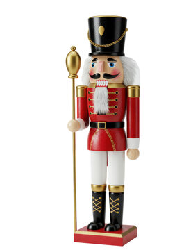 a highly detailed wooden nutcracker soldier in a festive red uniform with gold braiding and a shako hat, holding a golden staff, isolated on a transparent background. Festive holiday collection