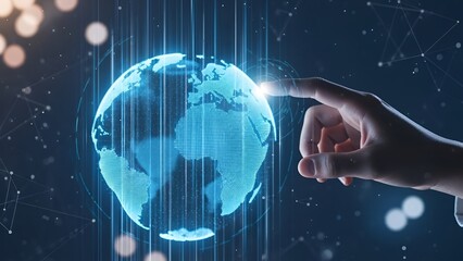 Human hand interacting with a glowing digital Earth hologram, symbolizing global technology, interconnected communication, and futuristic networks