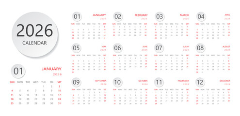 Calendar template for Italy start from Monday. Monthly calendar planner 2026.   Vector Layout design in minimal style in Arabic and English with week start sunday for print. 2026 Monthly calendar 12