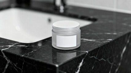 Frosted translucent cosmetic jar mockup with white label positioned on a luxurious black marble vanity counter.