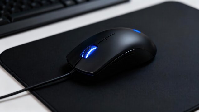 Dark wired computer mouse featuring bright blue scrolling wheel light on a black textured mouse pad.
