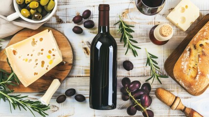 Wine Bottle with Cheese Bread and Grapes on Rustic Wooden Table