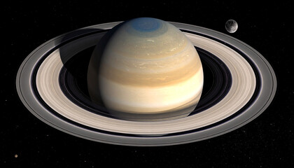 Saturn with iconic rings and moon against deep space backdrop.