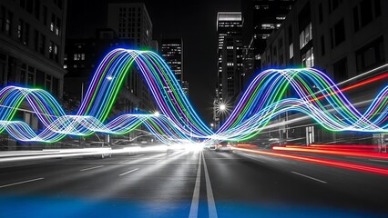 Abstract light trails depicting data flow and connectivity across a dark city street at night
