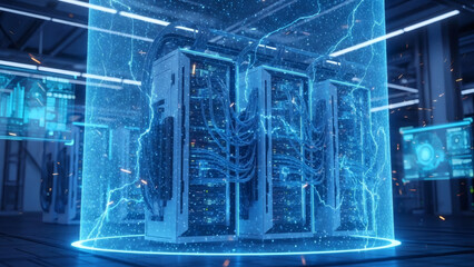 Futuristic Server Room with Neon Lights.