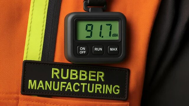 Sound meter measuring noise levels 91.3 to 91.7 dBA safety vest with rubber manufacturing patch industrial environment for safety and noise