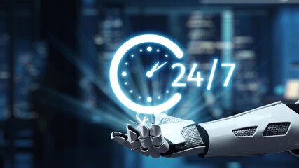 A futuristic robotic hand illustrates the concept of 24-hour service with a glowing clock and various communication icons, symbolizing modern technology and assistance. Auvana - Powered by Adobe
