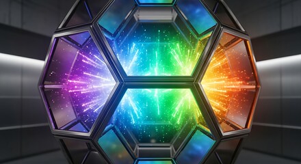 Abstract geometric structure with vibrant light display against dark background