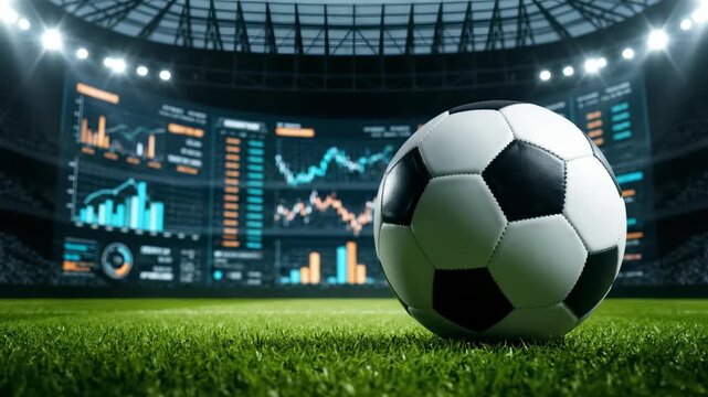Soccer ball on green grass in an illuminated stadium with holographic displays showing statistical charts, concept for sports betting platforms, market visualization and digital finance analysis