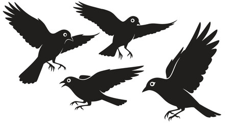Set of four black bird silhouettes in various dynamic flying and landing poses, isolated against a simple plain white background.