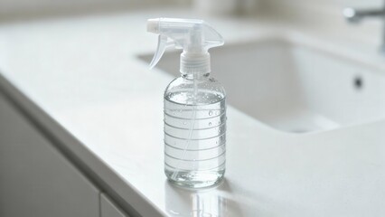 Transparent glass trigger spray bottle containing liquid, resting on a bright white bathroom countertop.
