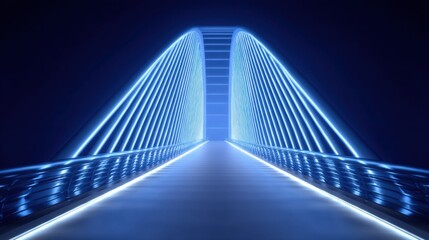 Obraz premium Futuristic Bridge Illuminated with Blue Lights Over a Smooth Roadway Leading Toward a Bright Horizon in a Dark Night Setting