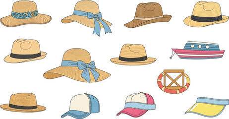 Collection of colorful summer hats and nautical elements on transparent background