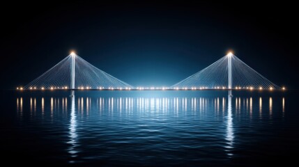 Obraz premium Stunning Night View of a Modern Suspension Bridge Illuminated with Lights Reflecting on Calm Water Under a Starry Sky