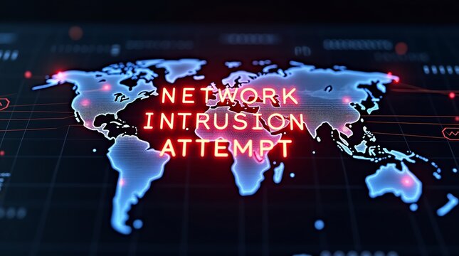 Global network intrusion attempt notification displayed in striking neon against a dark background. - Powered by Adobe