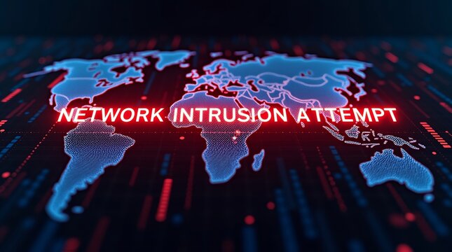 Digital world map with an alert on a network intrusion attempt in a high-tech design. - Powered by Adobe