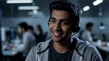 Close-up shot of a smiling male customer service agent wearing a headset in a busy, modern call center office, concept for telemarketing support, technical assistance and outsourcing services