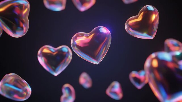 Colorful Heart-Shaped Glass Beads Floating in Dark Background.