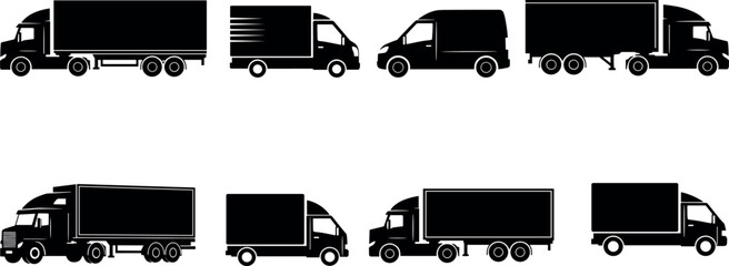 Black Silhouette Vector Set of Delivery Trucks, Cargo Vans, Freight Vehicles, Logistics Transport Icons for Shipping and Distribution Design © MD Anas
