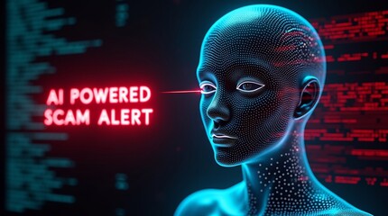 A futuristic representation of an AI alert system for scams with a stylized digital human face and glowing text.
