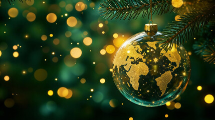 Close-up of transparent glass Christmas bauble with glittering gold world map design on pine branch, soft green evergreen background, warm golden bokeh lights, cinematic digital art, cozy festive mood