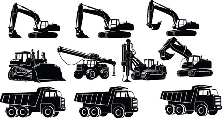 Heavy construction machinery silhouettes set featuring excavators, bulldozers, cranes, dump trucks, drilling rigs for industrial, mining, and building projects. © MD Anas