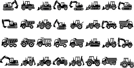 Silhouette icons of construction and farming vehicles including excavators, tractors, bulldozers, dump trucks for industrial and educational design use © MD Anas