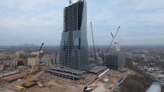 A massive construction timelapse of a glass skyscraper being built from ground to completion with cranes and steel beams against a city skyline, concept of corporate ambition and architectural achieve