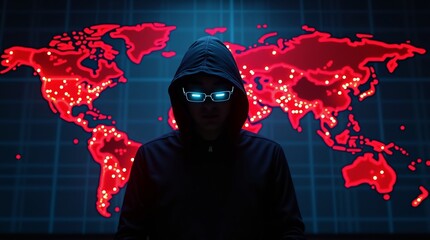 A mysterious figure in a hoodie and glasses stands in front of a glowing world map, creating a suspenseful, tech-themed atmosphere.