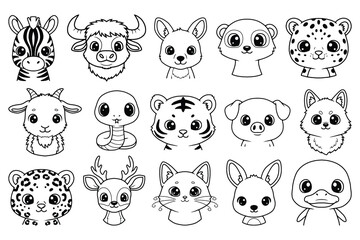 Cute Animal Faces Line Art Vector Set, Kawaii Zoo and Farm Animals Coloring Page Icons for Kids