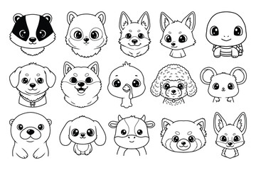 Cute Animal Faces Line Art Vector Set, Kawaii Coloring Book Illustrations for Kids