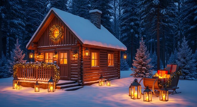 Cozy Log Cabin in Snowy Forest During Winter Night with Warm Lighting and Lanterns - Powered by Adobe