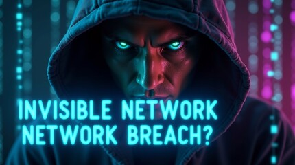 A male with a hooded figure and glowing eyes, hinting at a digital threat in a futuristic cyber environment.