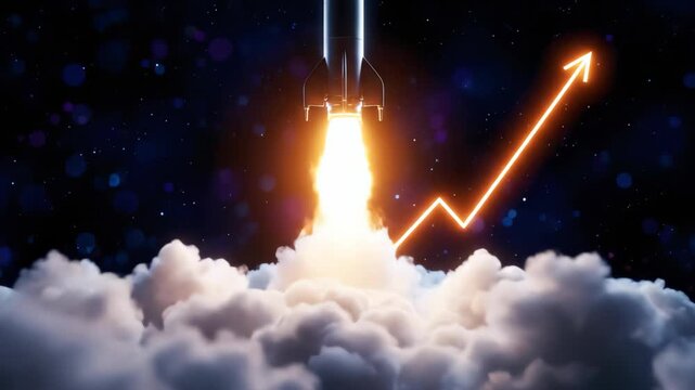 Rocket launching into space over clouds with a neon rising arrow chart showing rapid growth, concept for business planning, market achievement and rapid startup acceleration