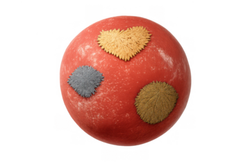 Red fabric ball with cute heart and square patches, representing love, care, and handmade craft on transparent background