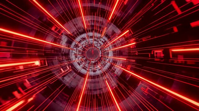 Abstract red radial light tunnel pattern with circular center and linear motion streaks