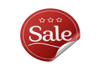 Red circular sale sticker with three stars and peeling corner effect, isolated on a transparent background