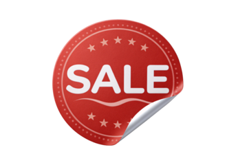 Red circular badge displaying SALE text with stars and curved wave design, isolated on a transparent background