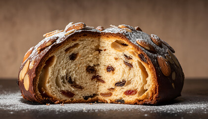 Artisan Raisin Bread with Almonds and Powdered Sugar.