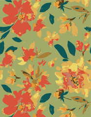 Big flower,Seamless watercolor floral pattern, flowers elements, green leaves branches on dark black background; for wrappers, wallpapers, postcards, greeting 