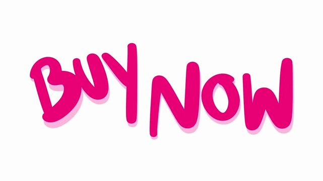 Bold pink graffiti-style 'BUYNOW' lettering with soft shapes and black drop shadow on white surface