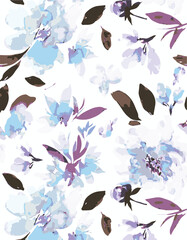 Big flower,Seamless watercolor floral pattern, flowers elements, green leaves branches on dark black background; for wrappers, wallpapers, postcards, greeting 