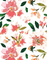 Big flower,Seamless watercolor floral pattern, flowers elements, green leaves branches on dark black background; for wrappers, wallpapers, postcards, greeting 