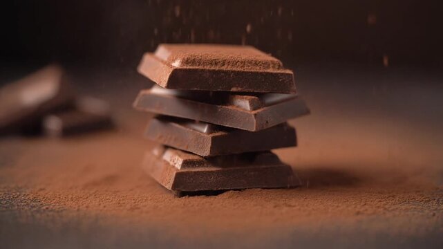 Delicious stack of dark chocolate squares dusted with cocoa powder, a close-up shot with soft lighting
